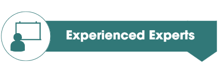 Teal banner with circle and person with whiteboard and title Experienced Experts