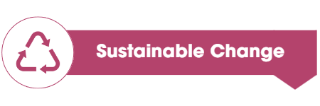 Magenta banner with recycling symbol and title sustainable change