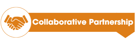 Orange banner with hands shaking and the title collaborative partnership