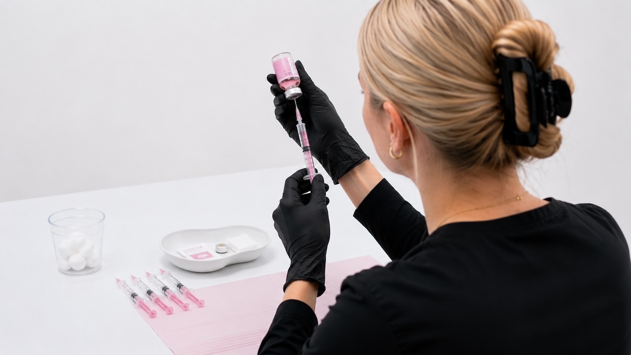 Cosmetic practitioner preparing a pharmaceutical vial in a clinical setting