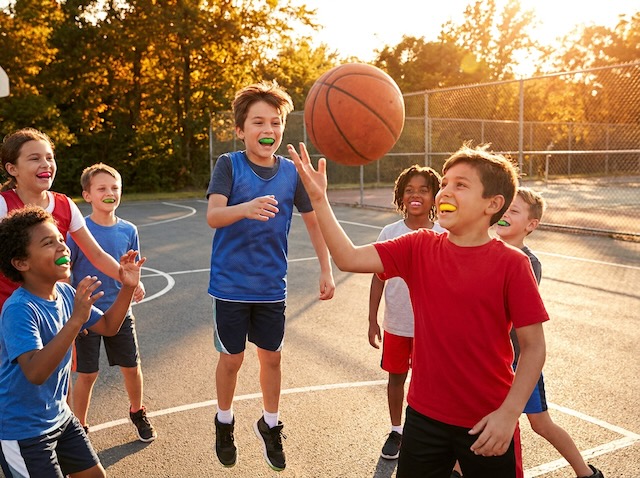 Children playing basketball while wearing sports mouthguards