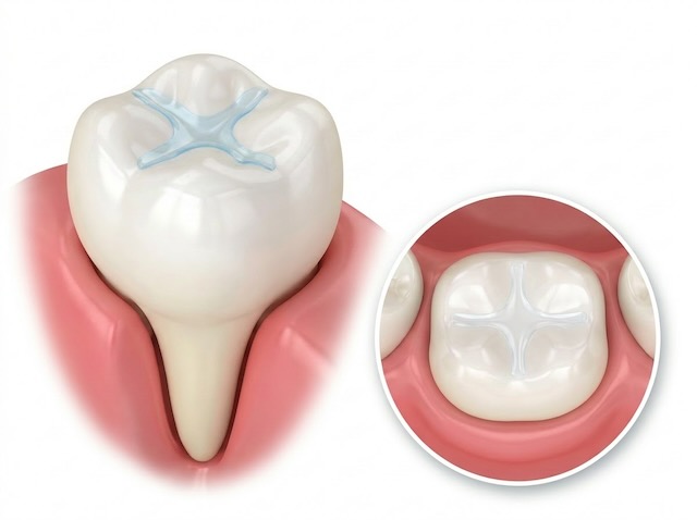 Illustration of a fissure sealant covering the grooves of a back tooth