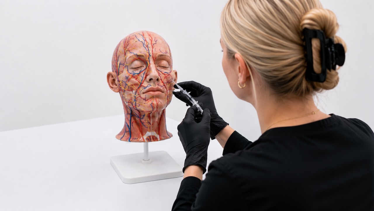 Practitioner training on a cosmetic injecting mannikin at Dermal Distinction Academy