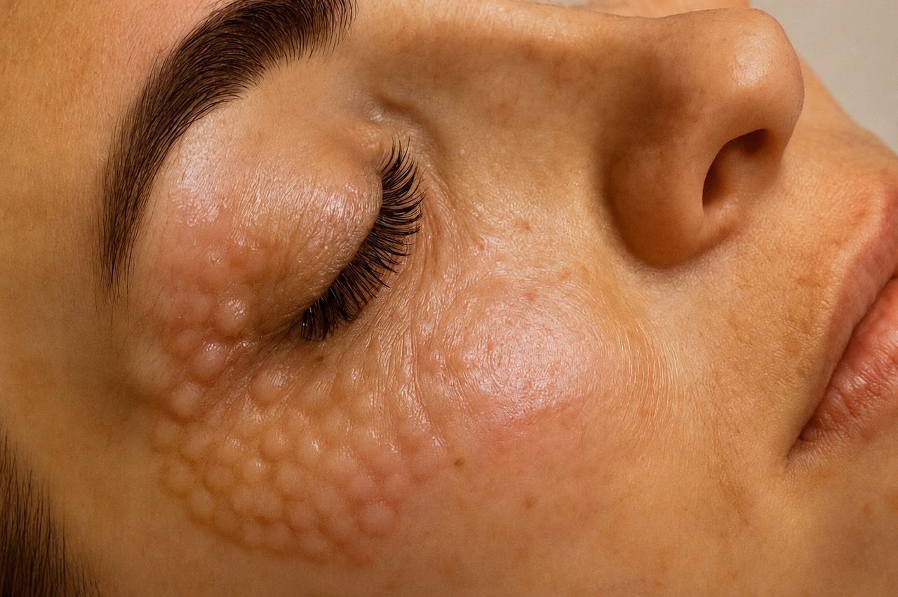 Rejuran treatment around the eye area showing small raised treatment points